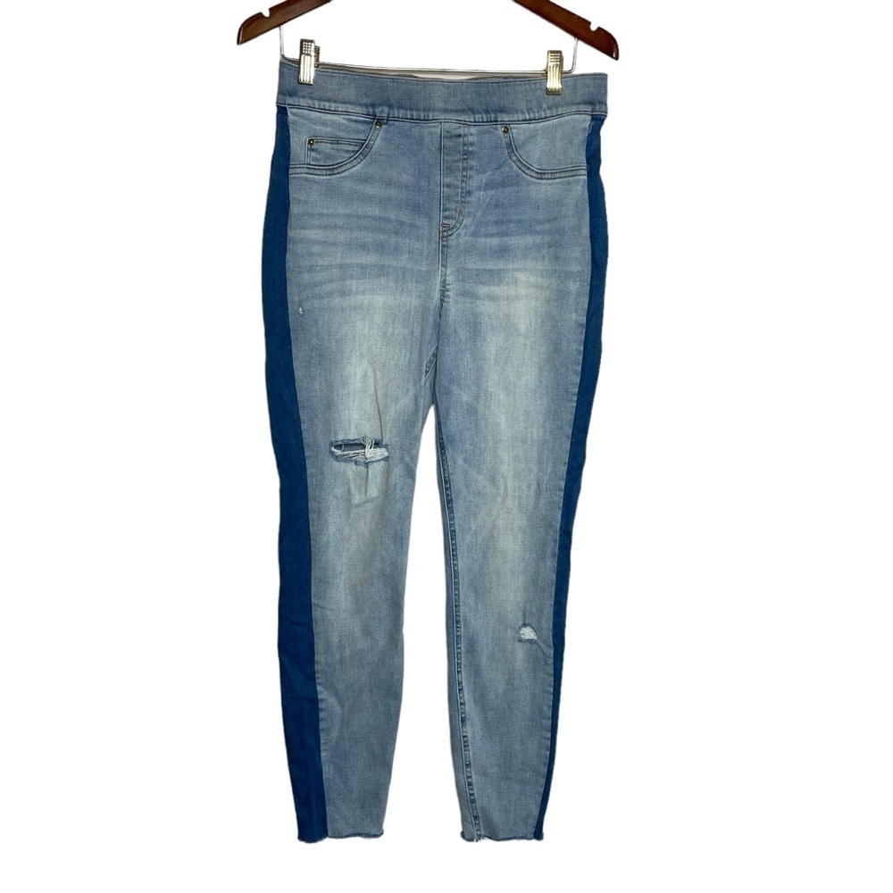 Spanx Distressed Raw Hem Side Stripe Jean Jeggings Light Wash High Rise Pull L